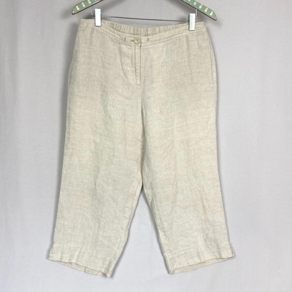 Kim Rogers 100% Linen Crop Pants Women 12 Beige Pockets Baggy Elastic Back 32x21